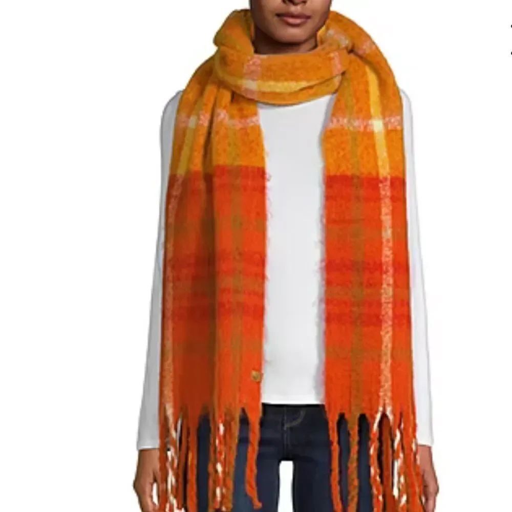 Frye & Co. Rusty Clay Orange Plaid Check Midweight Large Tasseled Blanket Scarf